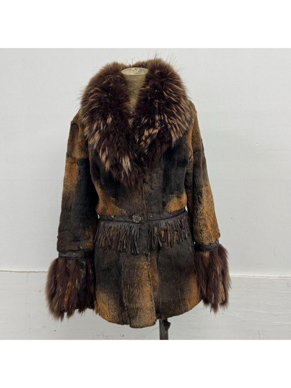 Vintage Y2K Brown Fringe Rabbit & Raccoon Fur Jacket Coat